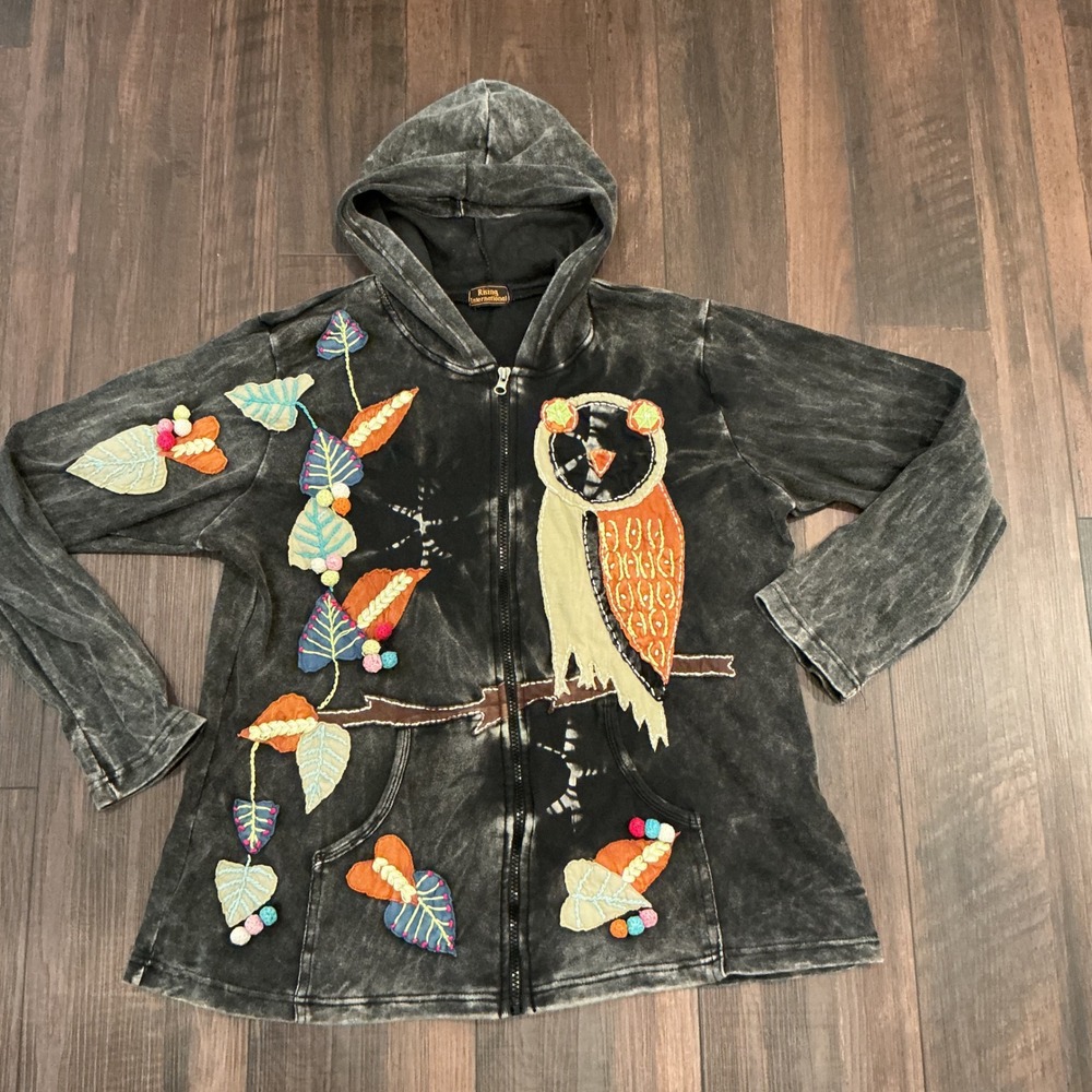 Rising International Hoodie L Grey Owl Appliqué Acid Wash Boho Hippie Zip Up